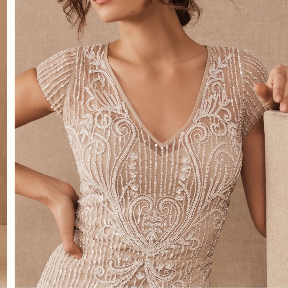 BHLDN Sanders Beaded Mesh Art Deco Vneck Cap Sleeve Formal Gown Nude, Sz 14
